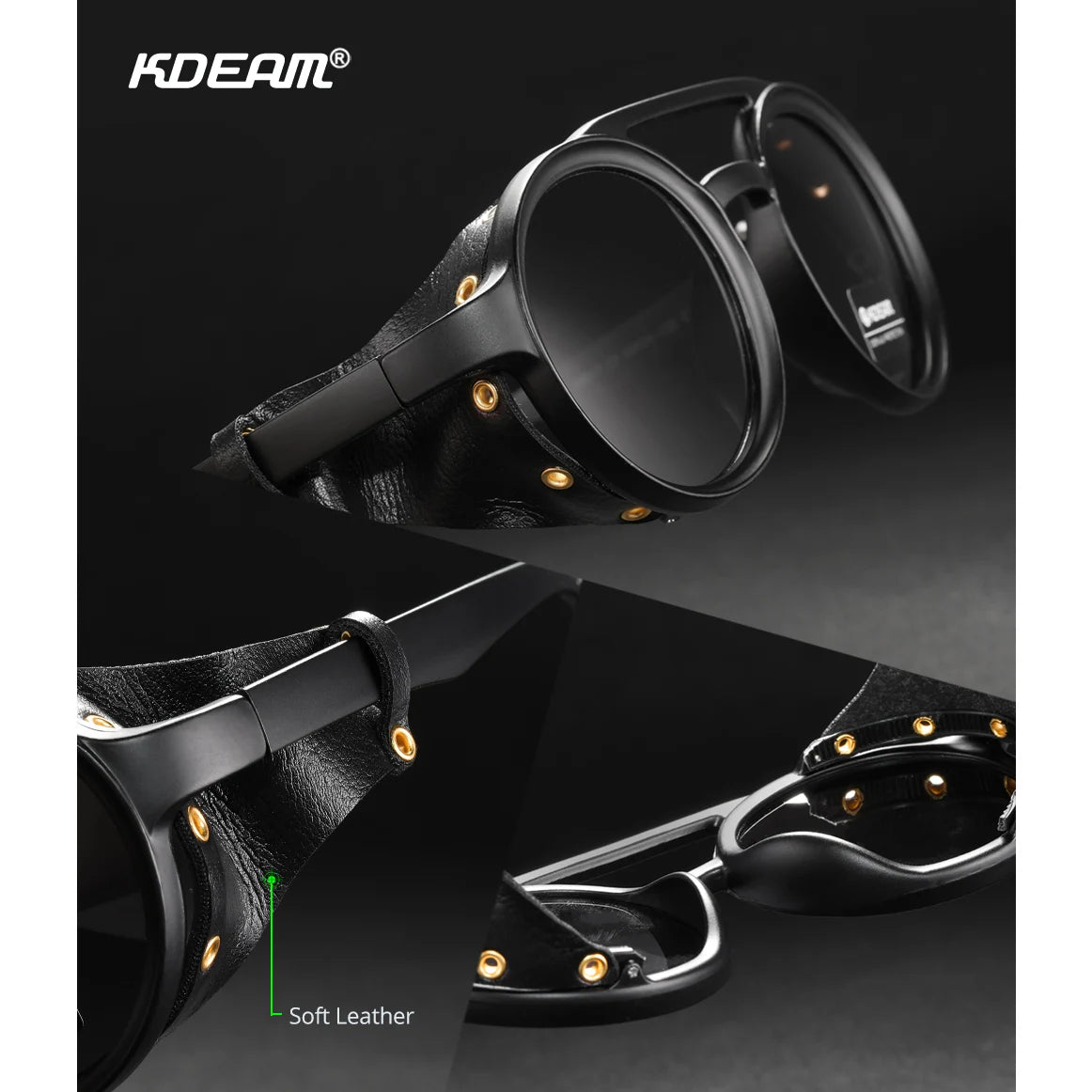 Sonnenbrille rund Vintage Leder-Schild Twin-Bridge polarisiert Herren Damen
