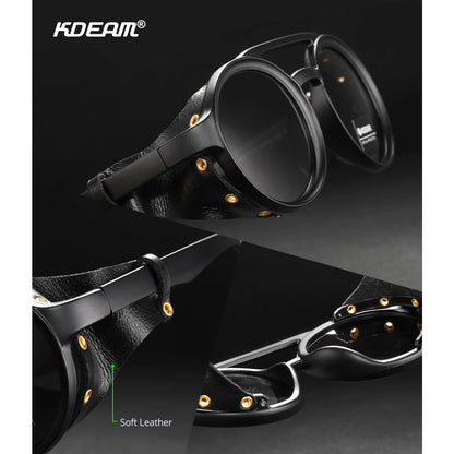 Sonnenbrille rund Vintage Leder-Schild Twin-Bridge polarisiert Herren Damen
