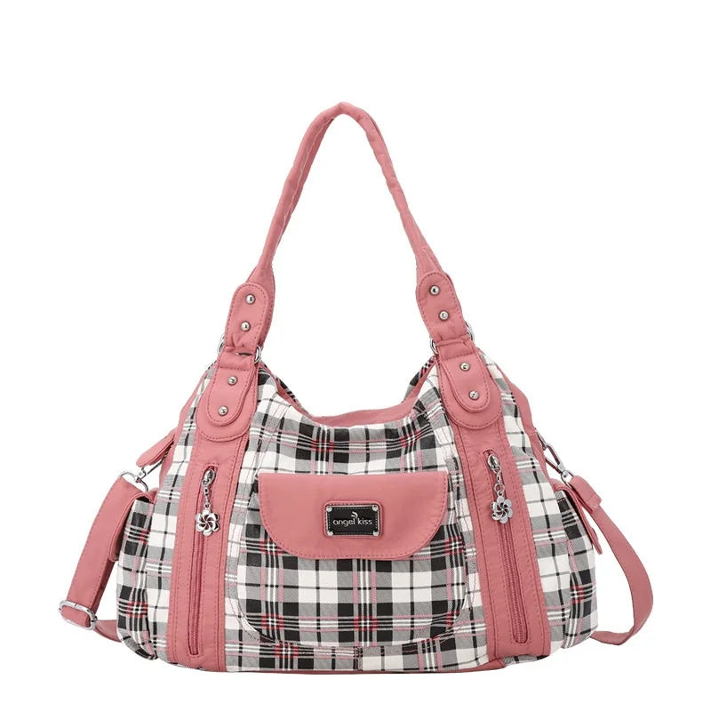 Damen-Handtasche Große Kapazität Kariertes Muster Schultertasche mit Reißverschluss Alltagstauglich