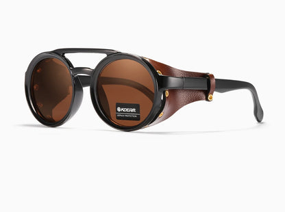 Sonnenbrille rund Vintage Leder-Schild Twin-Bridge polarisiert Herren Damen