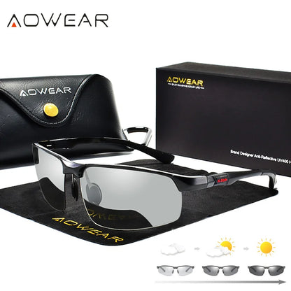 AOWEAR Photochrome polarisierte randlose Sonnenbrille für Herren, Tag und Nacht, Fahren, Chamäleon-Brille, Autofahrer, blendfreie Brille