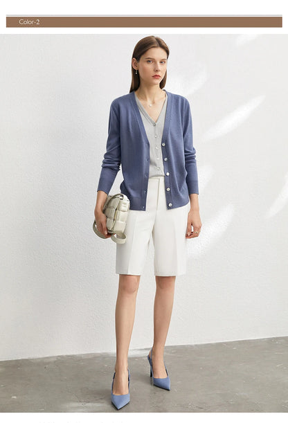 Damen-Strickjacke V-Ausschnitt dünn locker Patchwork Sommer