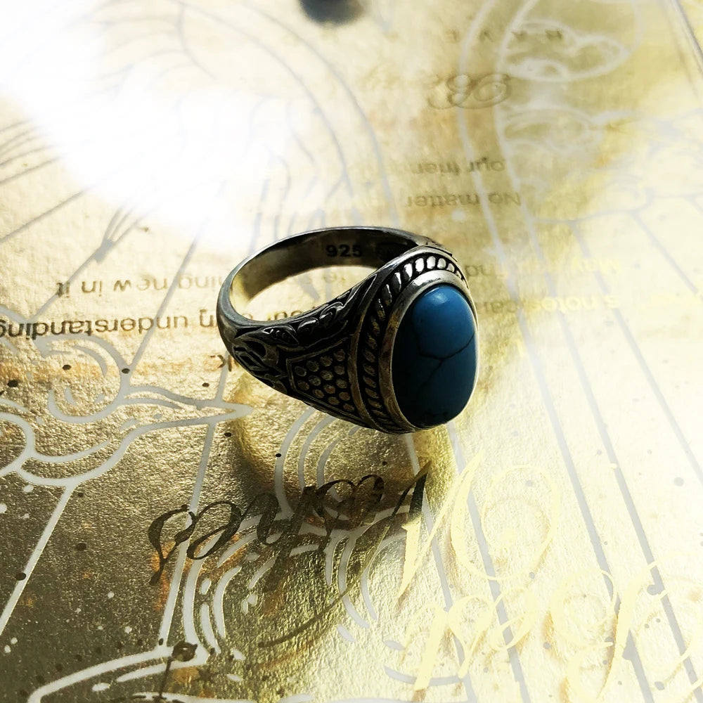 Damen-Ring oval blau ethnisch energetisch aus Sterlingsilber