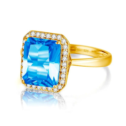 Damen-Ring aus 18K Gold mit Blauer Topas und Diamanten, Quadratische Krappenfassung