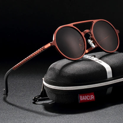 Sonnenbrille rund Al-Mg Vintage Steampunk polarisiert Marken-Design