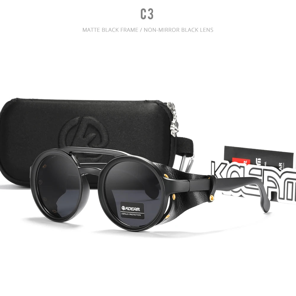 Runde Sonnenbrille mit mattschwarzem Gestell und schwarzen Linsen, Etui