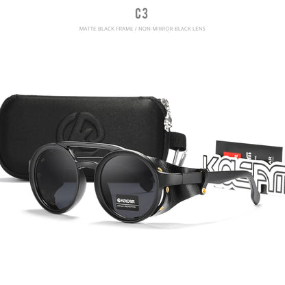 Sonnenbrille rund Vintage Leder-Schild Twin-Bridge polarisiert Herren Damen