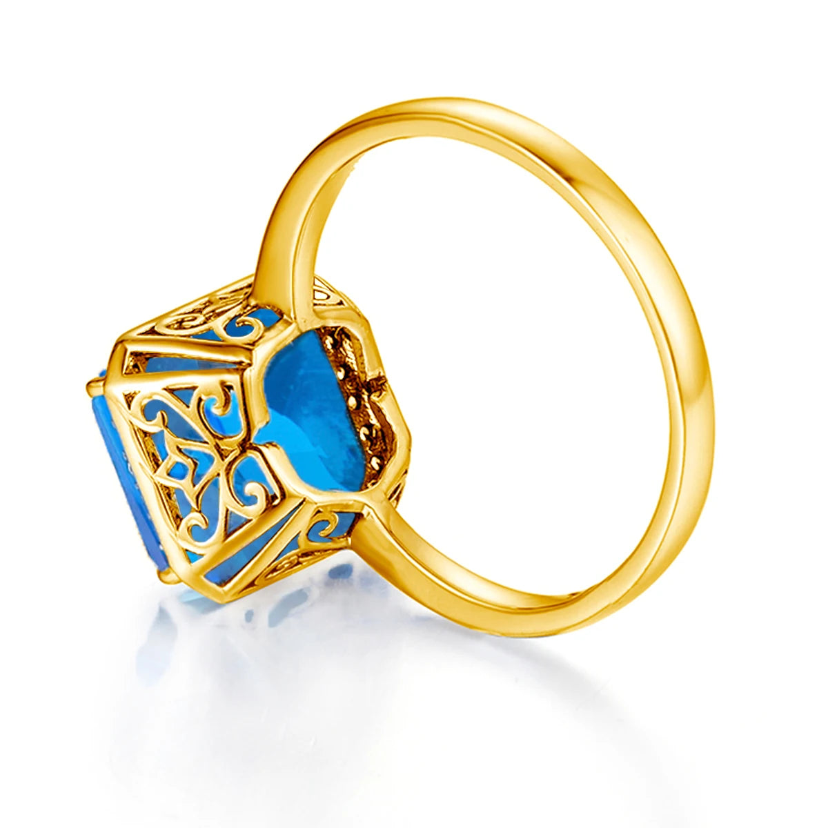 Damen-Ring aus 18K Gold mit Blauer Topas und Diamanten, Quadratische Krappenfassung
