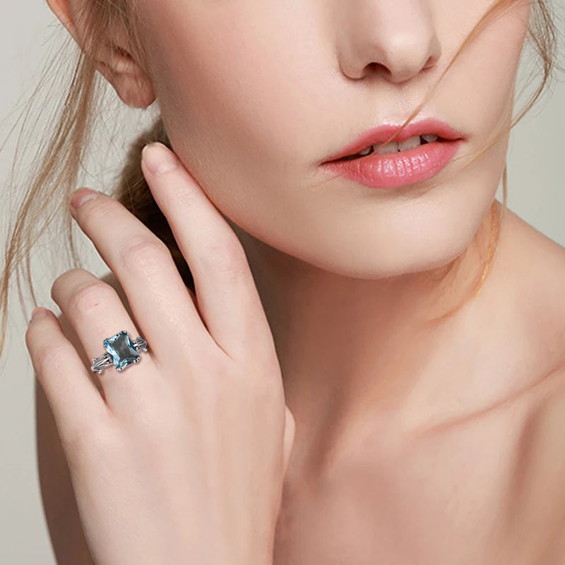 Damen-Ring aus Silber 925 mit Aquamarin Quadrat-Edelstein Boho-Stil Vintage-Look