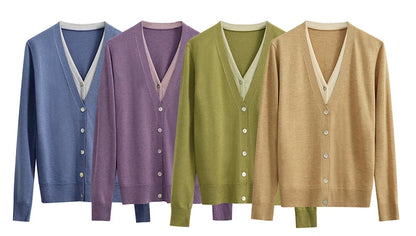 Damen-Strickjacke V-Ausschnitt dünn locker Patchwork Sommer