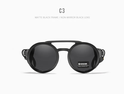 Sonnenbrille rund Vintage Leder-Schild Twin-Bridge polarisiert Herren Damen