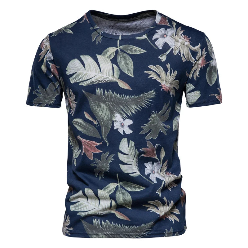 Herren T-Shirt im Hawaii-Stil aus 100 Prozent Baumwolle mit Oansatz Druck