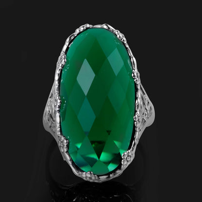 Damen-Ring aus 925er Sterlingsilber mit smaragdgrünem Stein und aufwändigem Blütenmuster