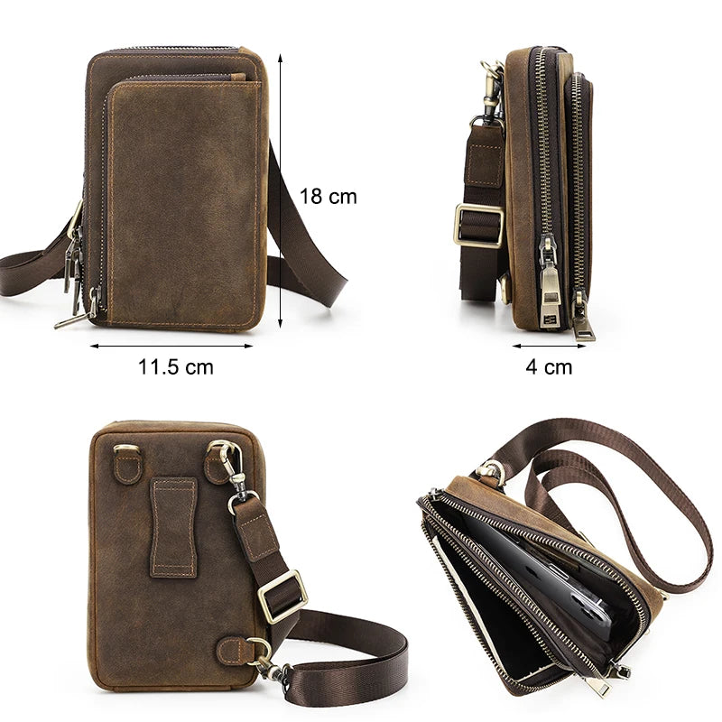 Kleine Herren-Leder-Tasche mit verstellbarem Riemen, rechteckig, braun, Reißverschlüsse