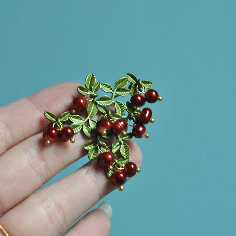Brosche Cranberry Perle Blatt Grün Pflanze Retro Kragen Schmuck Damen