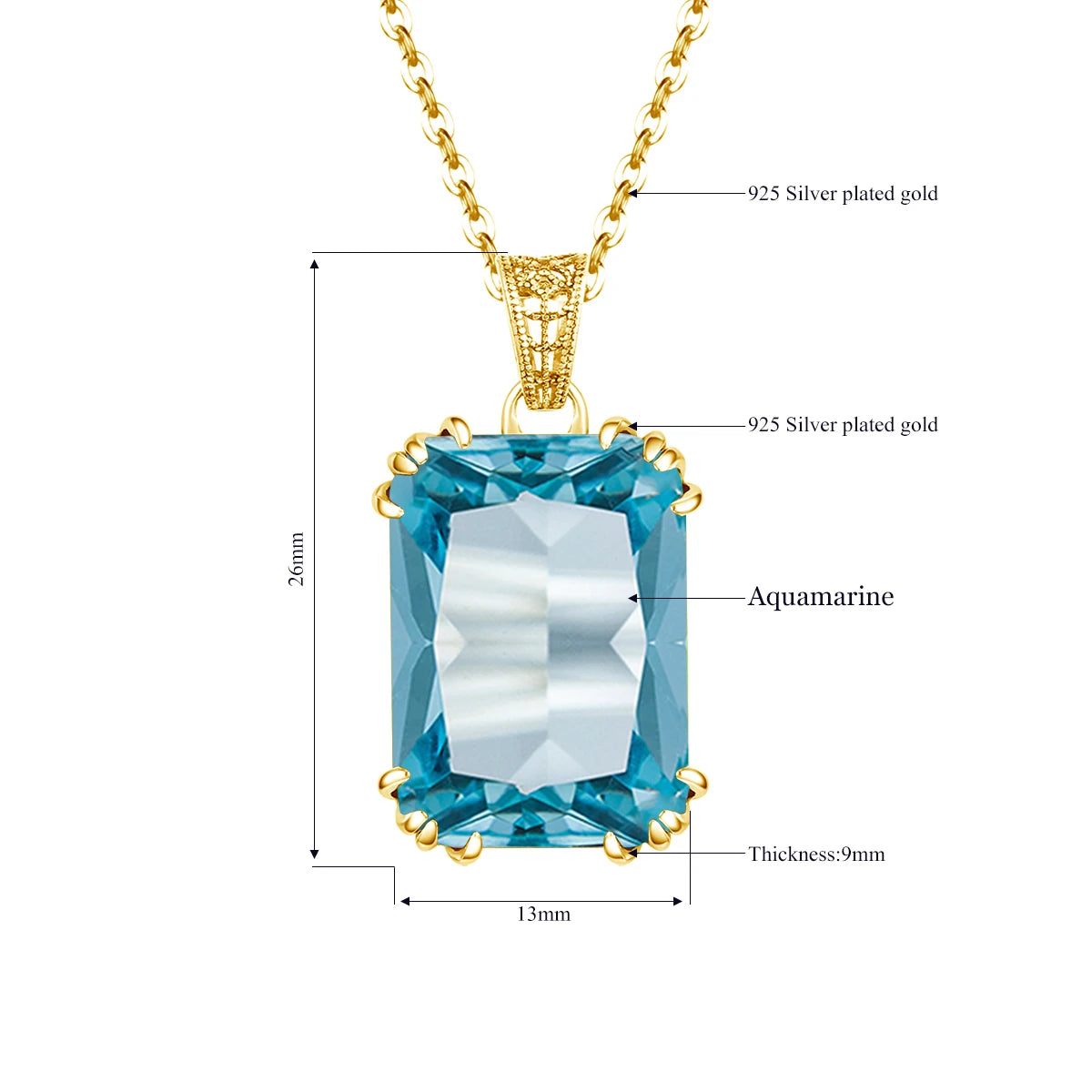 Damen-Halskette Aquamarin-Anhänger aus 925er Silber mit 18K-Goldbeschichtung Vintage-Stil