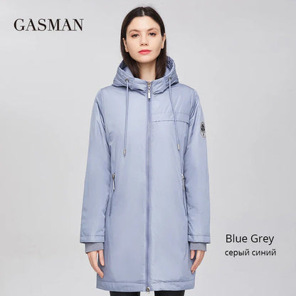 Damen-Frühlingsjacke mit Stehkragen und Kapuze – modischer, lässiger langer Parka-Mantel
