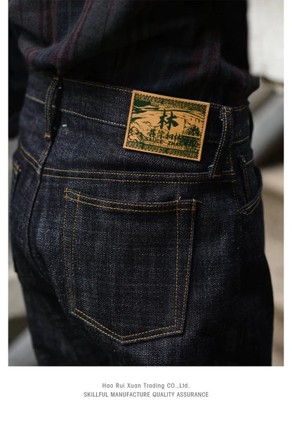 Herren Jeans im Vintage-Stil aus Selvedge Raw Denim mit Silber-überzogenen Knöpfen