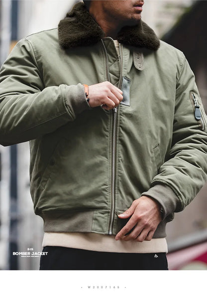 Herren Bomberjacke Vintage Kunstkaninchenfell Revers Signatur-Armtasche Winter