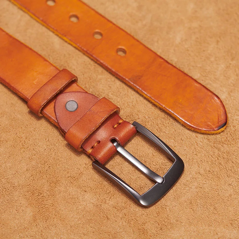 Herren Echtleder-Gürtel Retro 3,8 cm Stiftschnalle Metall Top-Qualität Rindsleder