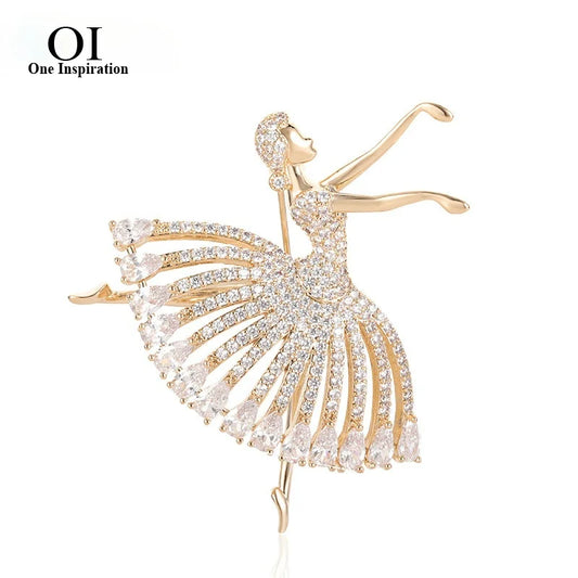 Brosche im Ballerina-Design mit Strasssteinen, goldfarbenes Metall, tanzende Figur