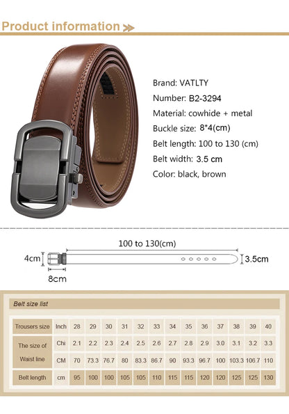 Herren-Gürtel aus Leder, 3,5 cm Breite, Natur-Rindsleder, Automatik-Schnalle, geeignet für formelle Anlässe