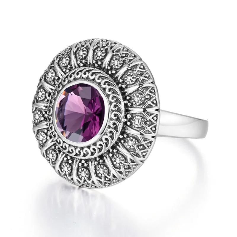 Damen-Ring aus Silber 925 mit Amethyst, Blumendesign, Krappenfassung und feinem Vintage-Look