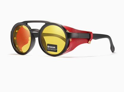 Sonnenbrille rund Vintage Leder-Schild Twin-Bridge polarisiert Herren Damen