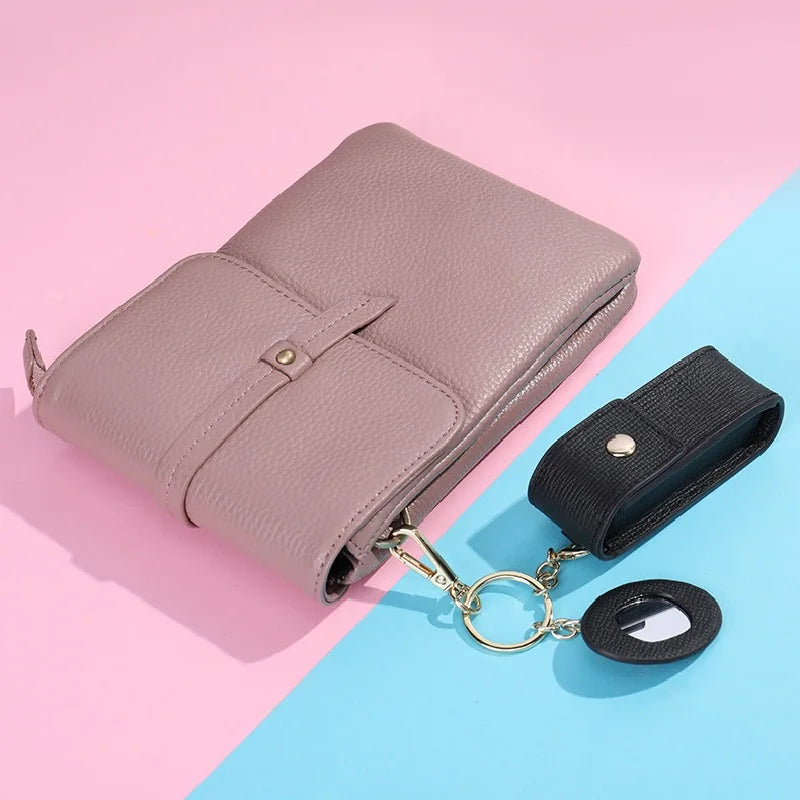 Damen-Kosmetiktasche Aus Echtem Leder Mit Spiegel Kompakt Und Luxuriös Im Mini-Format