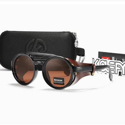 Sonnenbrille rund Vintage Leder-Schild Twin-Bridge polarisiert Herren Damen