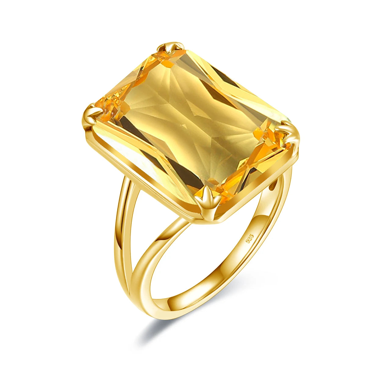 Damen-Ring Aus 925 Sterlingsilber Mit Gelbem Citrin Rechteckstein 13x18 mm Goldbeschichtet Festlicher Schmuck
