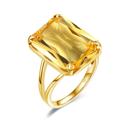 Damen-Ring Aus 925 Sterlingsilber Mit Gelbem Citrin Rechteckstein 13x18 mm Goldbeschichtet Festlicher Schmuck
