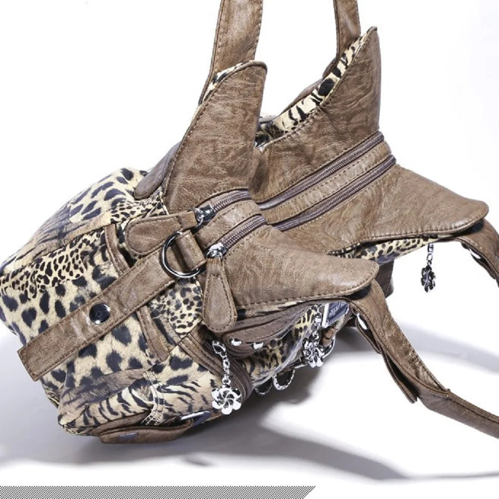 Damen-Schultertasche Leopardenmuster Vintage Stil Mit Top-Handle Griff Und Innenfach Für Smartphone