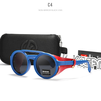 Sonnenbrille rund Vintage Leder-Schild Twin-Bridge polarisiert Herren Damen
