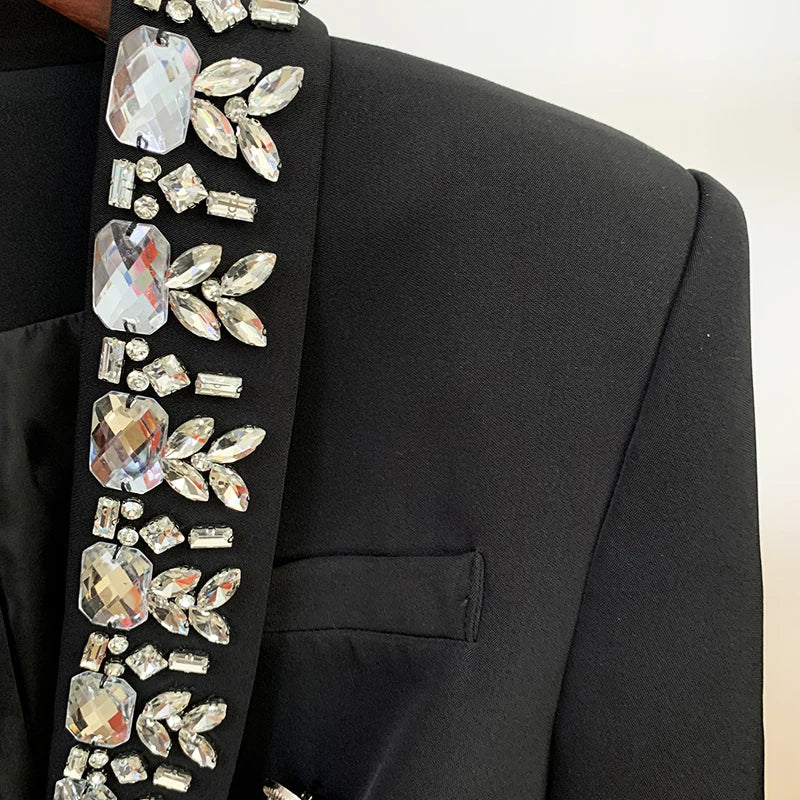 Damen-Blazer doppelreihig Schalkragen Strass Perlen Slim elegant
