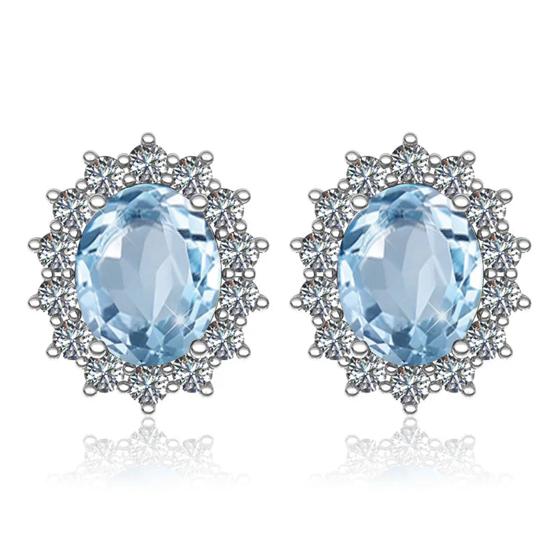 Damen-Ohrstecker Aquamarin Mit Diamanten Aus 925 Sterlingsilber Großes Edelstein-Duo