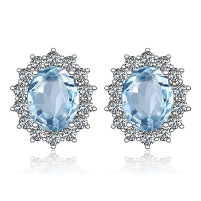 Damen-Ohrstecker Aquamarin Mit Diamanten Aus 925 Sterlingsilber Großes Edelstein-Duo