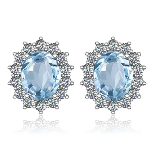 Damen-Ohrstecker Aquamarin Mit Diamanten Aus 925 Sterlingsilber Großes Edelstein-Duo