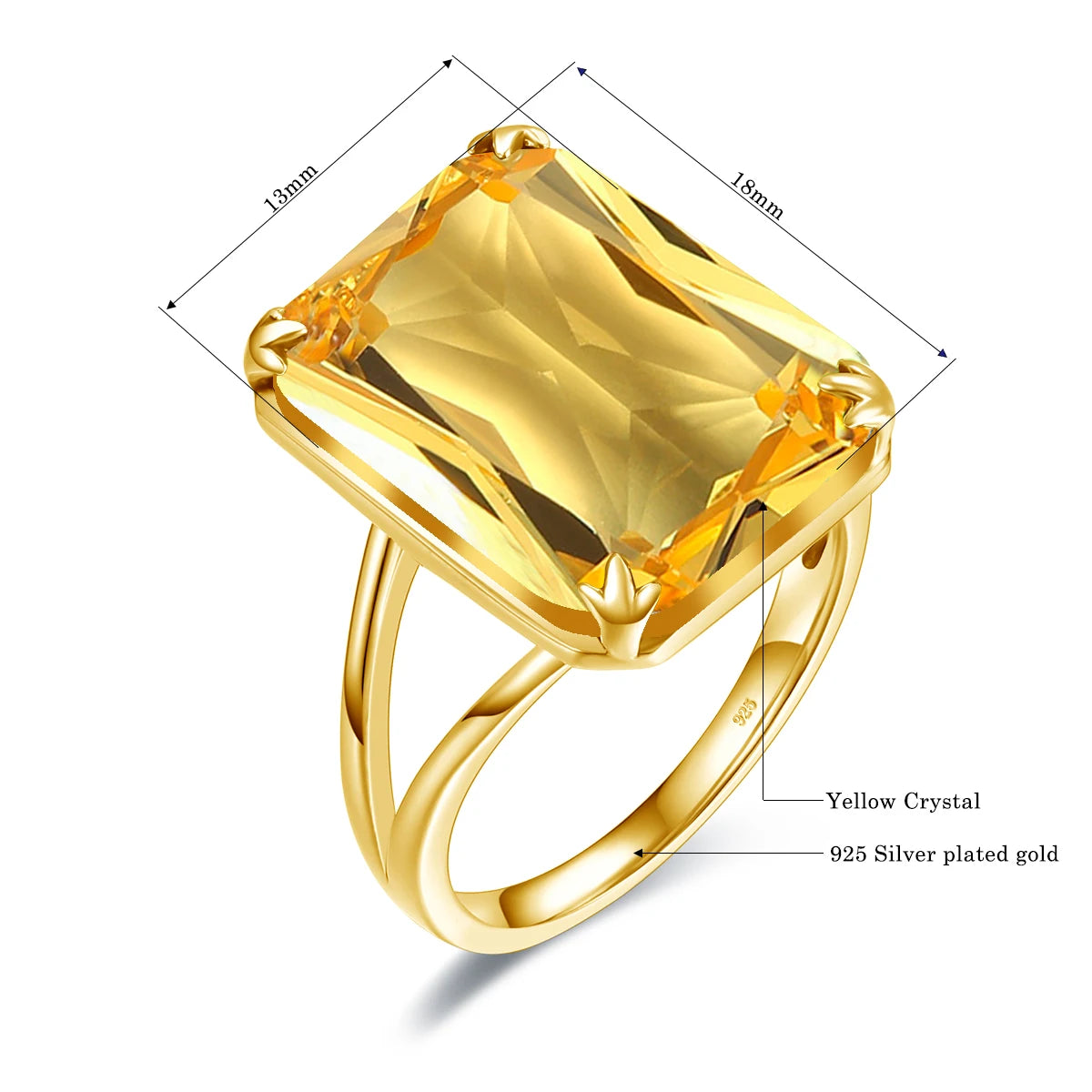 Damen-Ring Aus 925 Sterlingsilber Mit Gelbem Citrin Rechteckstein 13x18 mm Goldbeschichtet Festlicher Schmuck