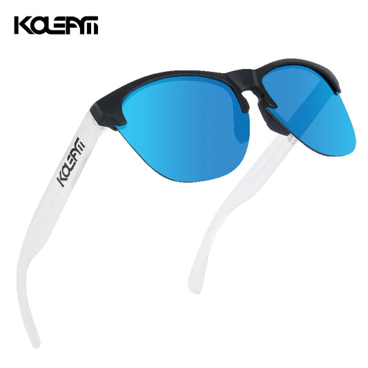 Sonnenbrille mit blauen polarisierten Gläsern, schwarzem Gestell und weißem Bügel