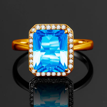 Damen-Ring aus 18K Gold mit Blauer Topas und Diamanten, Quadratische Krappenfassung