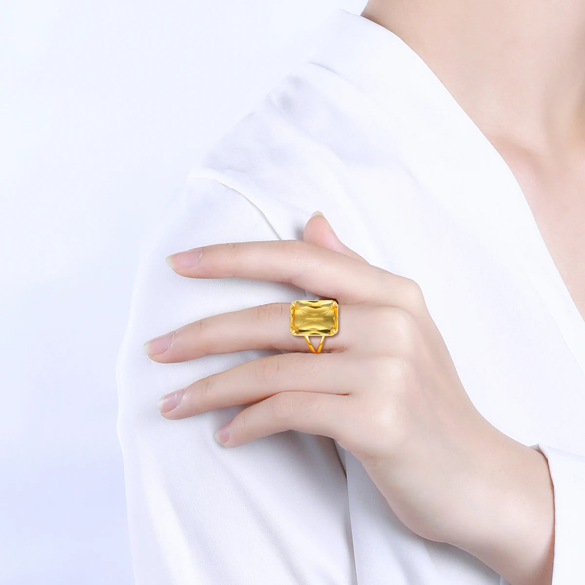 Damen-Ring Aus 925 Sterlingsilber Mit Gelbem Citrin Rechteckstein 13x18 mm Goldbeschichtet Festlicher Schmuck
