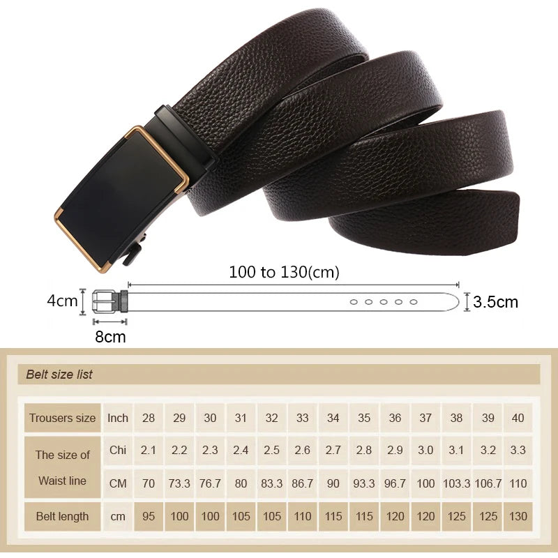 Herren-Gürtel aus Leder mit automatischem Schnallenverschluss, Breite 3,5 cm, Länge 100–130 cm