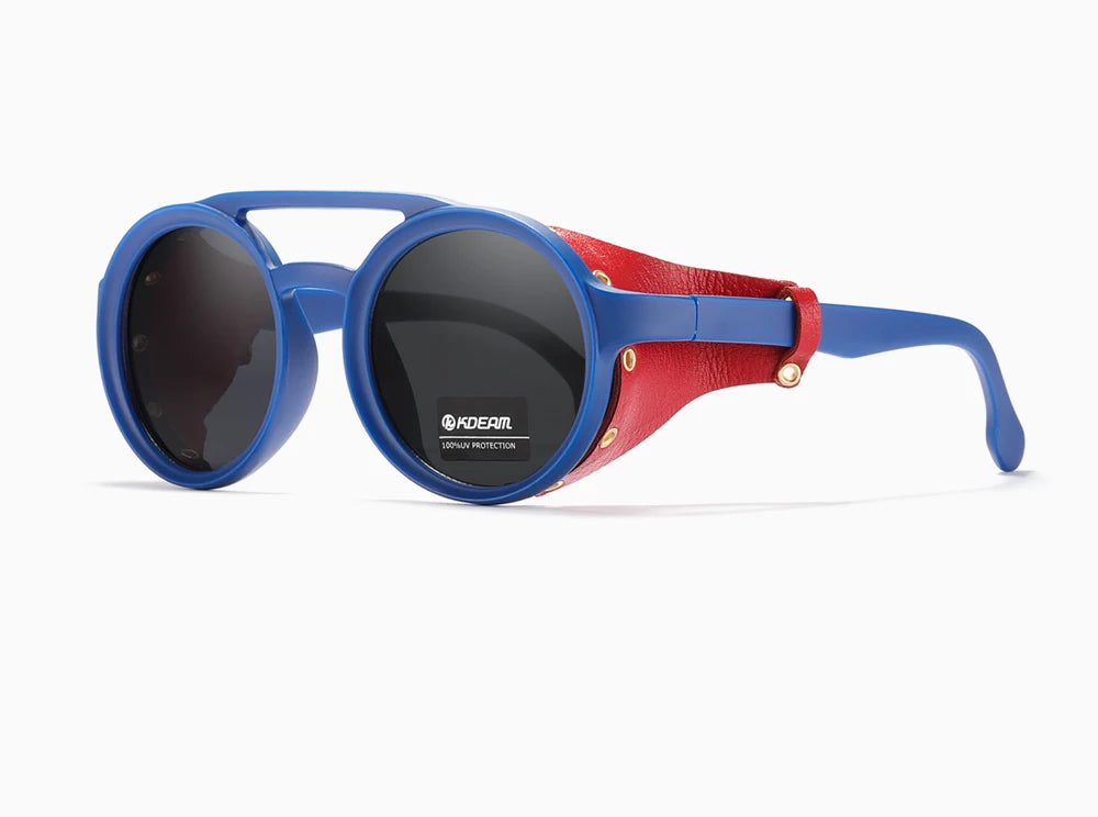 Sonnenbrille rund Vintage Leder-Schild Twin-Bridge polarisiert Herren Damen