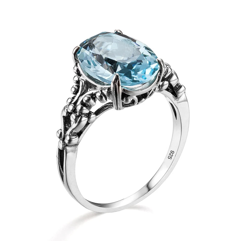 Damen-Ring aus 925er Sterlingsilber mit Aquamarin in Ovalform im Neo-Gotik Stil – Feiner Schmuck Geschenk
