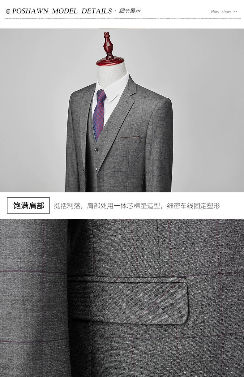 Hochwertiger Herren Anzug 3-teilig: Kariert, Grau, Slim Fit, Business & Hochzeit.