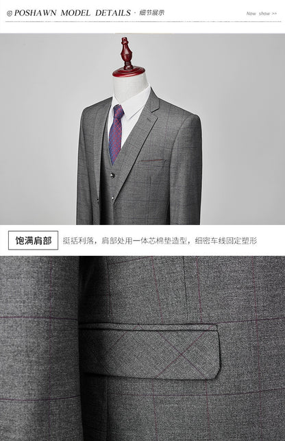 Hochwertiger Herren Anzug 3-teilig: Kariert, Grau, Slim Fit, Business & Hochzeit.