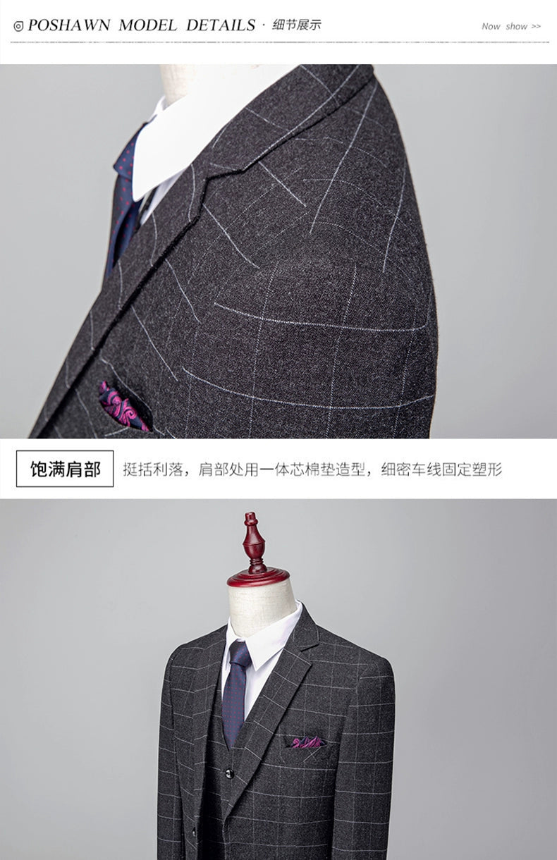 Hochwertiger Herren Anzug 3-teilig: Kariert, Grau, Slim Fit, Business & Hochzeit.