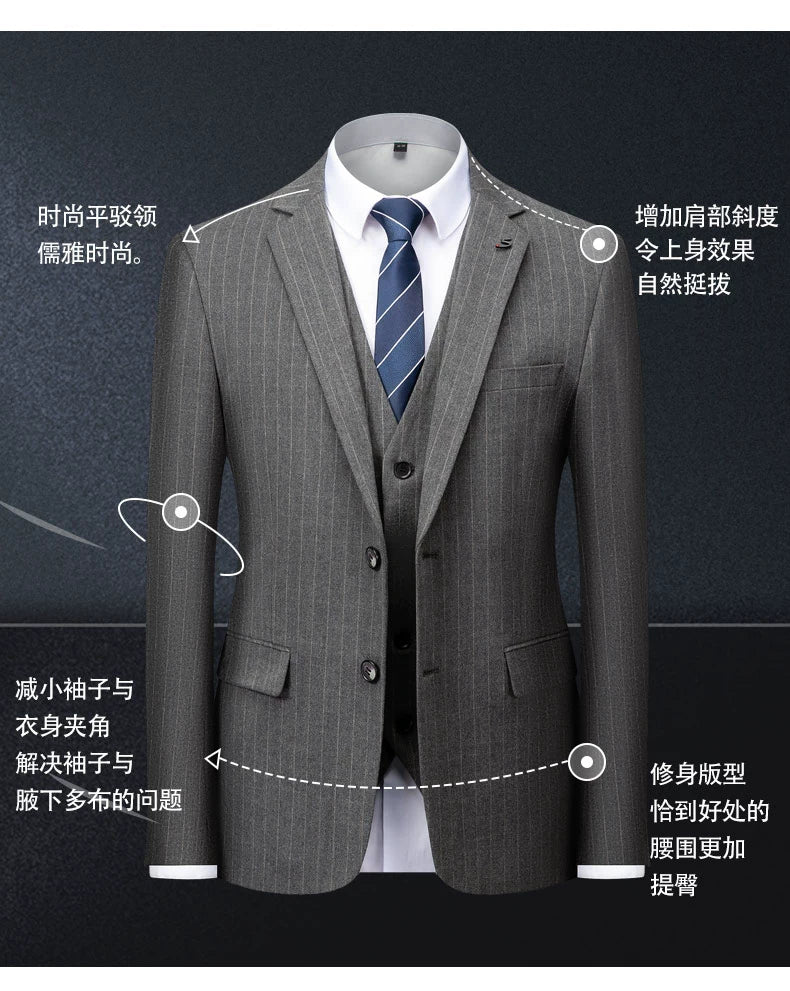 Hochwertiger Herren Anzug 3-teilig: Kariert, Grau, Slim Fit, Business & Hochzeit.