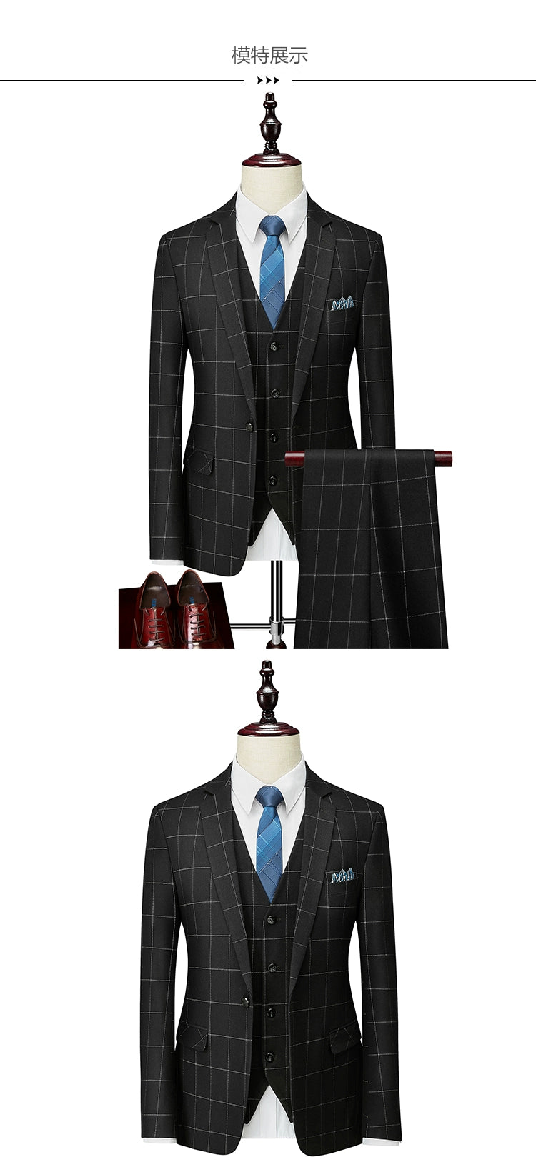 Hochwertiger Herren Anzug 3-teilig: Kariert, Grau, Slim Fit, Business & Hochzeit.